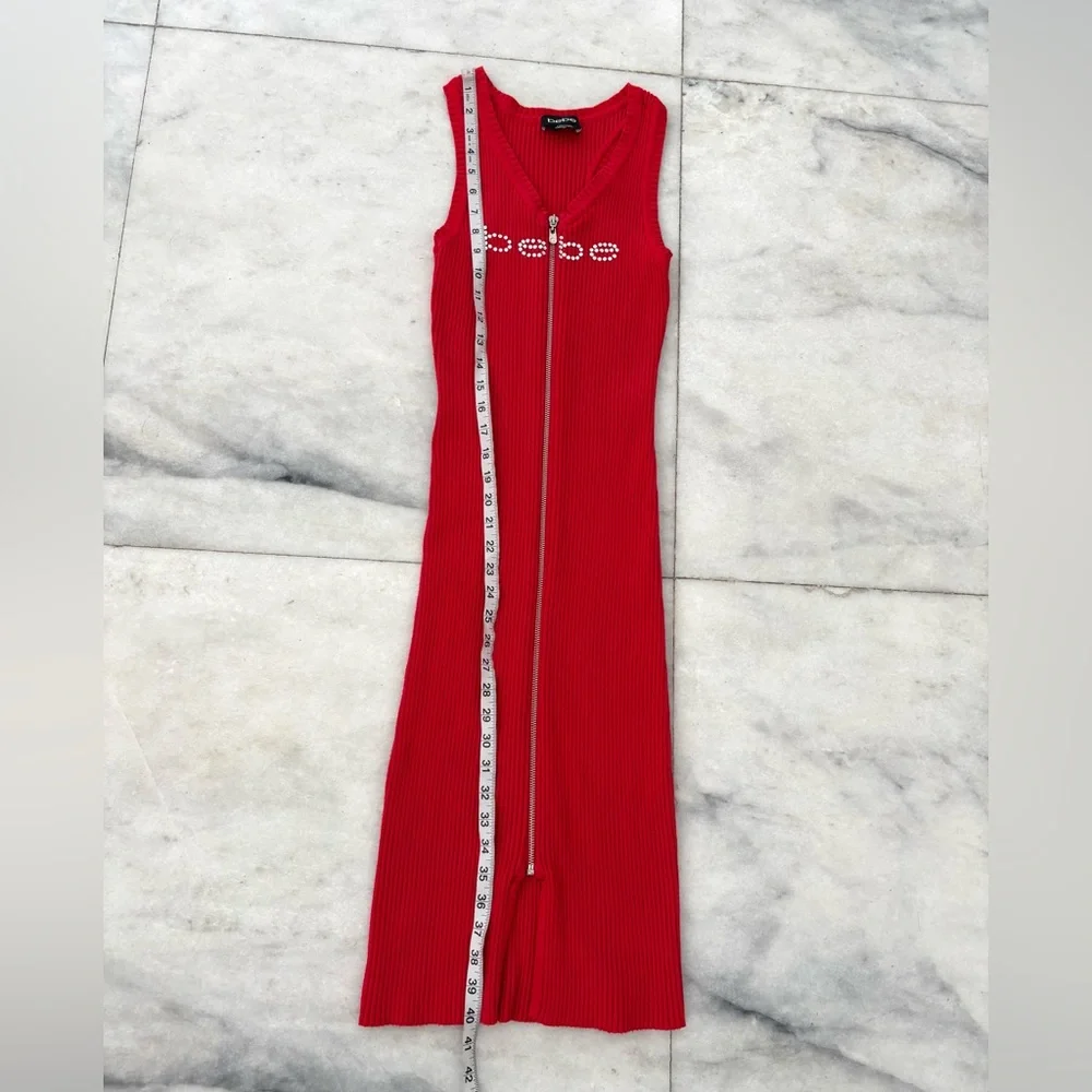 Y2K BEBE Dress Red Swarovski Midi Ribbed Knit Full Zip Women S Hip Hop Boho